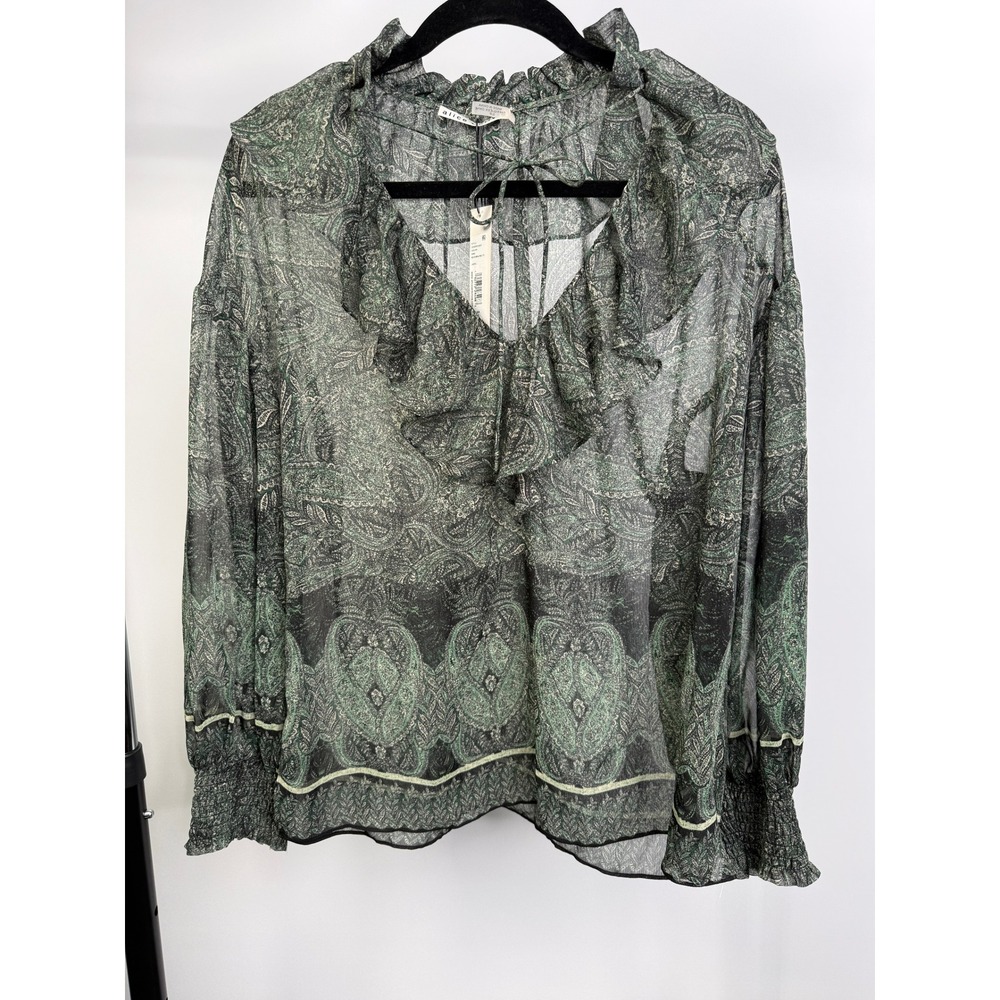 Alice + Olivia Bohemia Multi Paisley Ruffle Blouse Green NEW